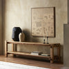 Four Hands Marcia Low Console Table Natural Reclaimed French Oak Staged View Thomas Bina