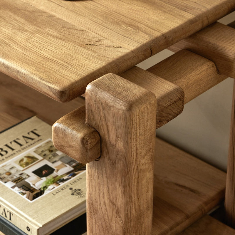 Marcia Low Console Table Natural Reclaimed French Oak Staged View Joint Details Four Hands