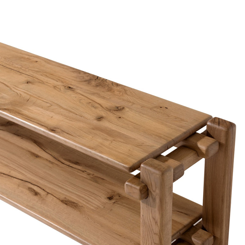 Thomas Bina Marcia Low Console Table Natural Reclaimed French Oak Joint Details Four Hands