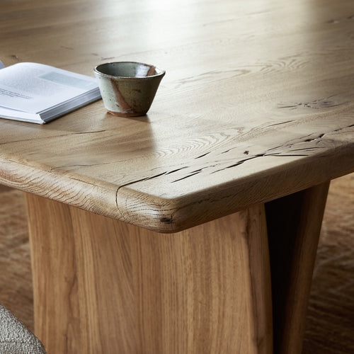 Marcon Dining Table Natural Reclaimed French Oak Staged Corner Detail 242190-001