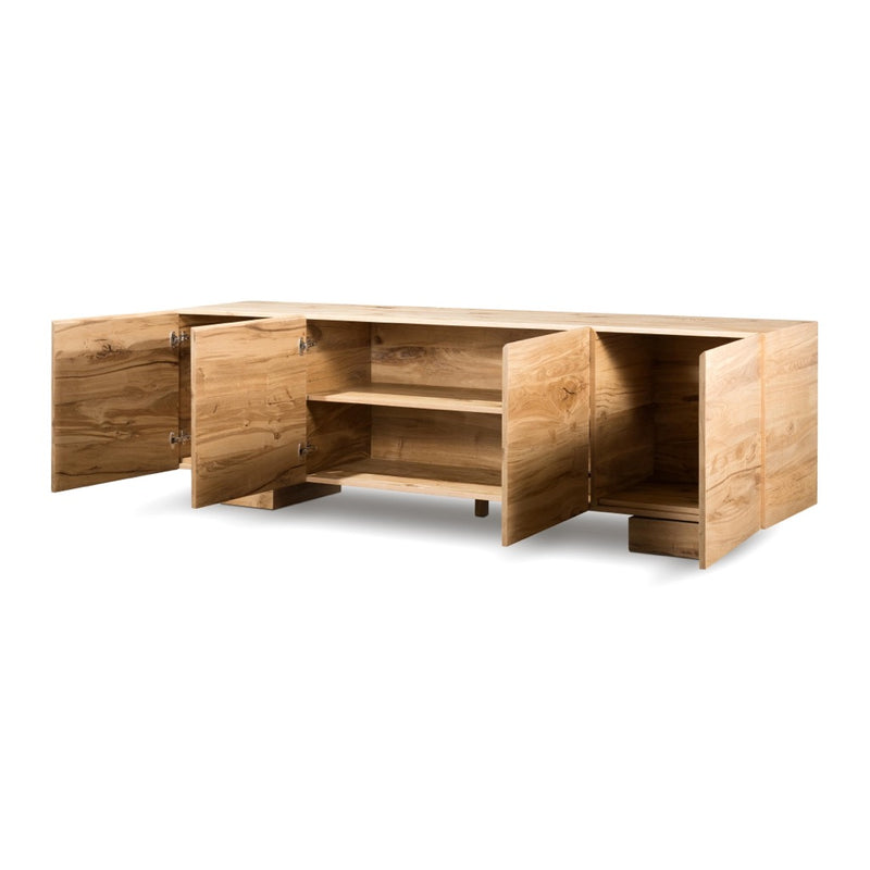 Mariana Sideboard Natural Reclaimed French Oak Angled View Open Cabinets 242205-001