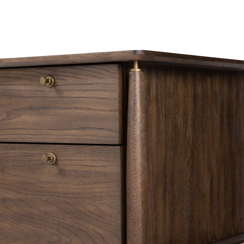 Markia Executive Desk Aged Oak Veneer Tabletop Corner Detail Four Hands