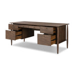 Markia Executive Desk Aged Oak Veneer Angled View Open Drawers Four Hands