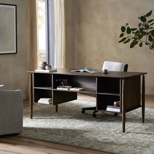 Markia Executive Desk Aged Oak Veneer Staged View in Home Office 236894-001