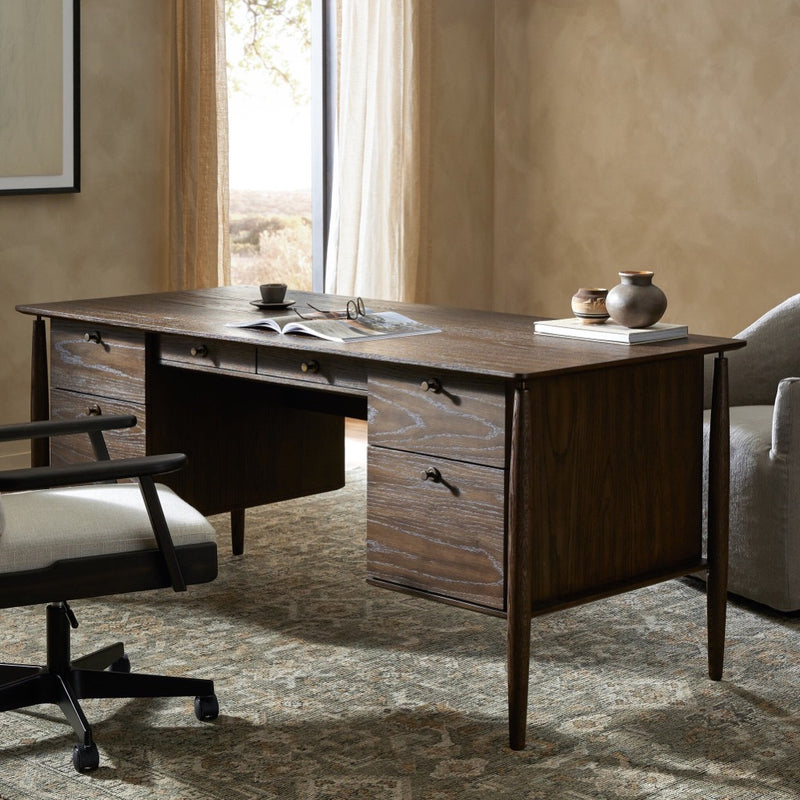 Four Hands Markia Executive Desk Aged Oak Veneer Staged View in Home Office