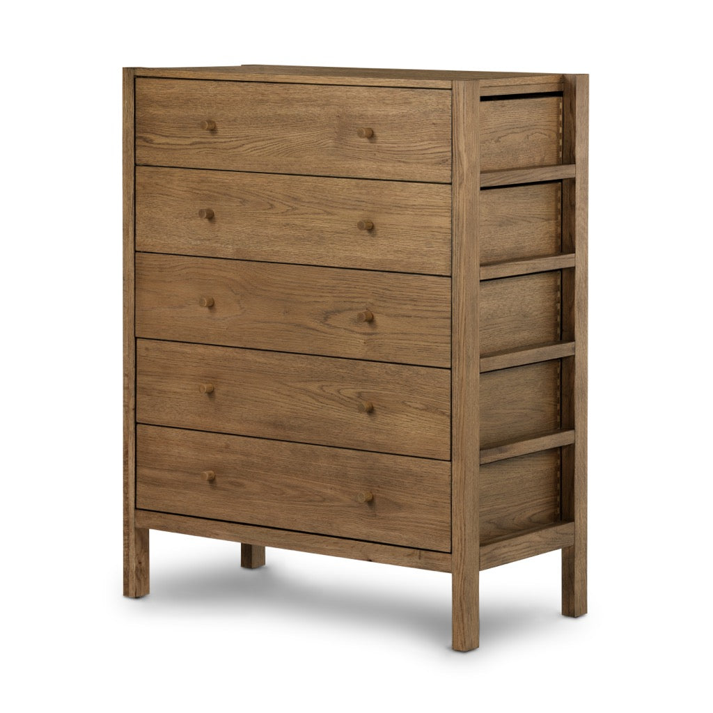 Meadow 5 Drawer Dresser Tawny Oak Angled View Four Hands