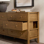 Four Hands Meadow 6 Drawer Dresser Tawny Oak Staged View Open Drawers