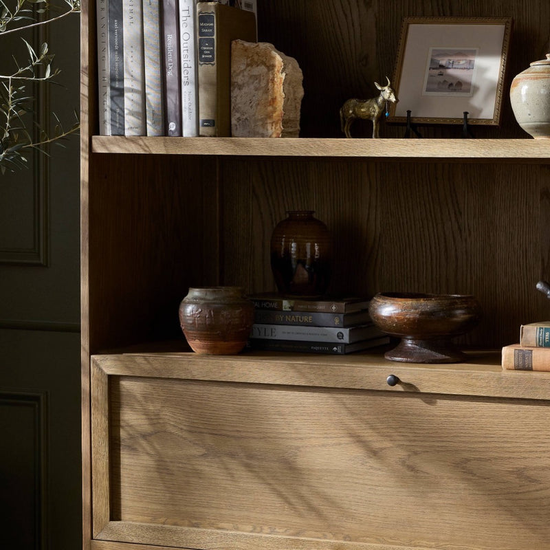 Four Hands Millie Bookcase staged interior shelf view 