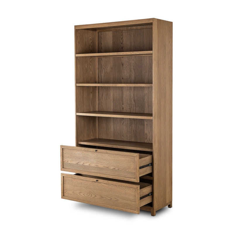 Millie Bookcase 247002-004 angled open drawer view 