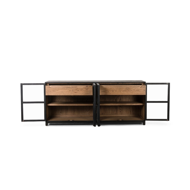 Millie Large Sideboard Matte Black Front Facing View with Open Drawers 230632-001
