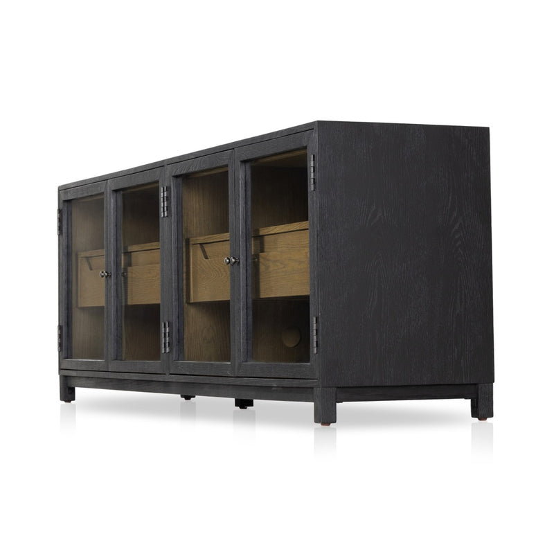 Four Hands Millie Media Console Drifted Matte Black Angled View