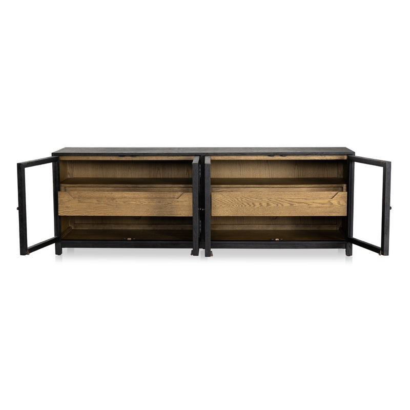 Millie Media Console Drifted Matte Black Open Glass Cabinets Four Hands