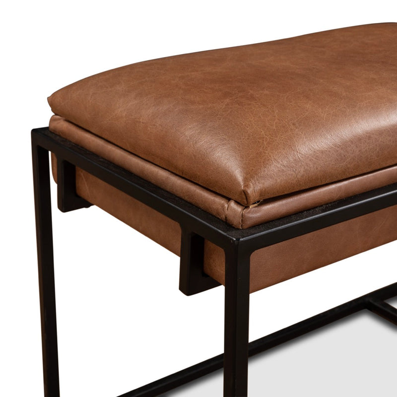 HTD New York 62" Cognac Leather Iron Bench side leg view 