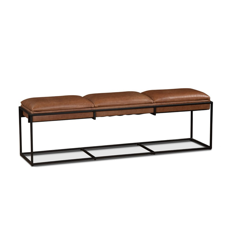 HTD New York 62" Cognac Leather Iron Bench angled view 
