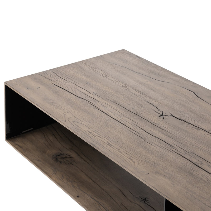 Four Hands Odell Coffee Table Grey Reclaimed French Oak Thin Tabletop Detail