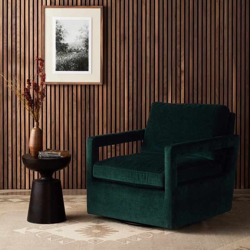 Olson Swivel Chair Emerald Worn Velvet Staged View Four Hands