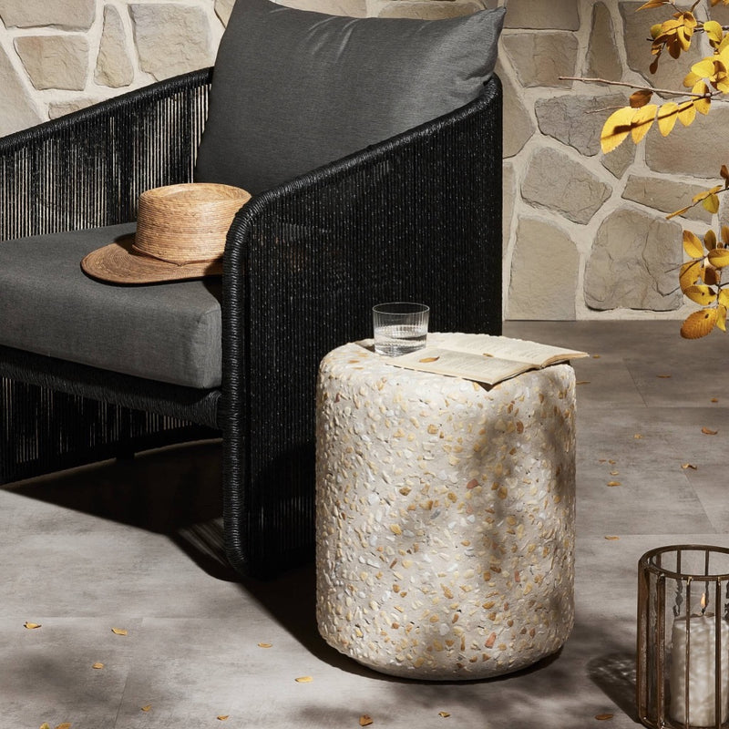 Orlan Outdoor End Table Pure Terrazzo Staged in an Outdoor Setting Four Hands