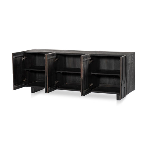 Rivka Media Console Dark Totem Open Cabinets Four Hands