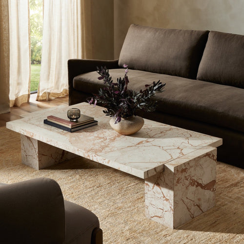 Romano Coffee Table Desert Taupe Marble Staged View in Living Room Four Hands