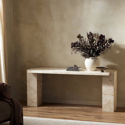 Romano Console Table Desert Taupe Marble Staged View in Living Room Four Hands