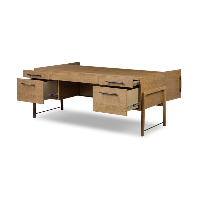 Four Hands Rosedale Executive Desk angled open drawer view 