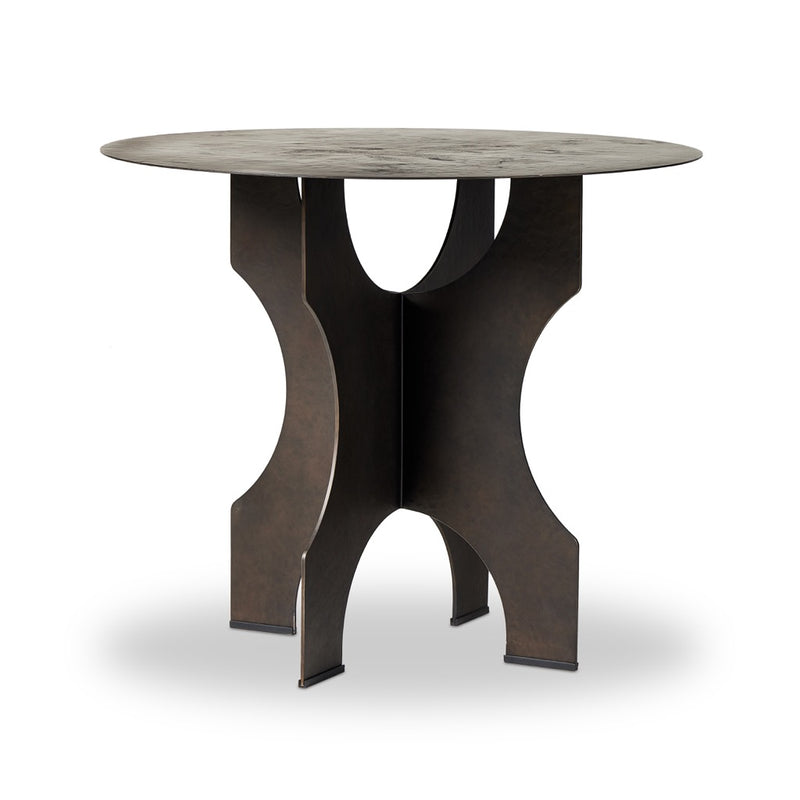 Round Side Table In Solid Iron Bronze Hammered Textured Angled View