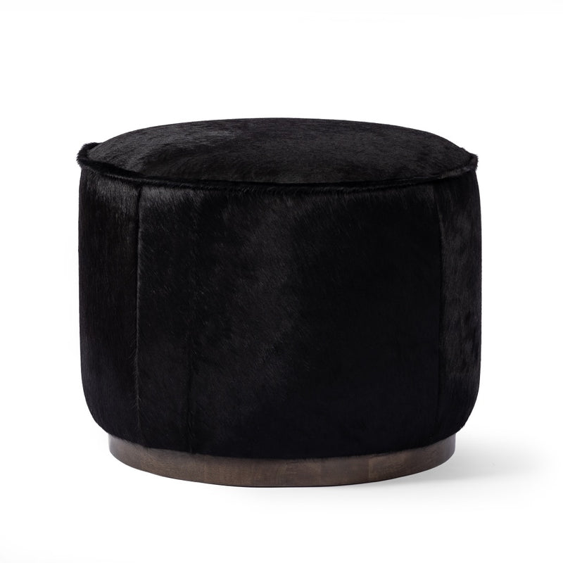 Sinclair Round Ottoman Black Hair on Hide Angled View 106074-015