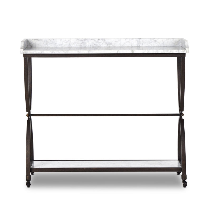 Six Beers Table Honed White Marble Front Facing View Four Hands