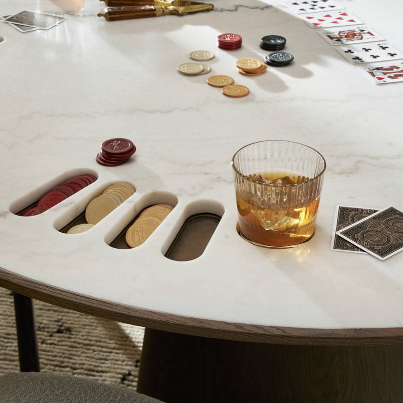 Four Hands Skye Poker Table staged white marble table details