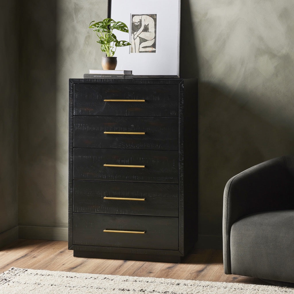 Suki 5 Drawer Tall Boy Dresser - Burnished Black | Four Hands Suki 5 Drawer Tall Boy Dresser - Burnished Black | Four Hands
