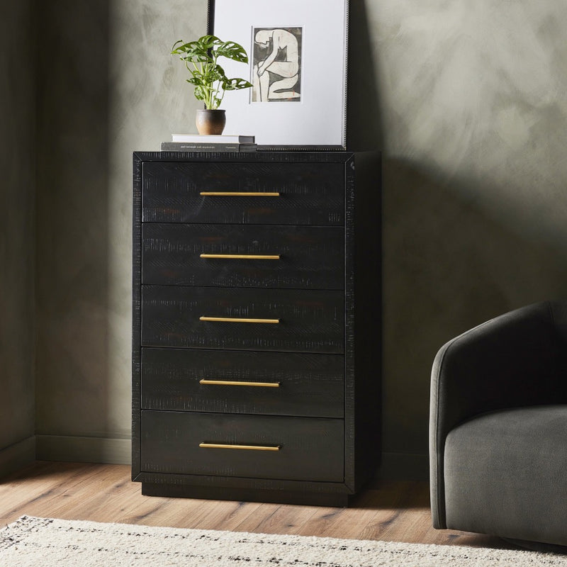 Suki 5 Drawer Tall Boy Dresser - Burnished Black | Four Hands Suki 5 Drawer Tall Boy Dresser - Burnished Black | Four Hands