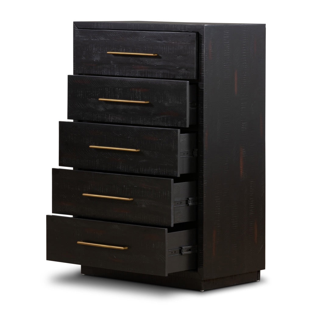 Suki 5 Drawer Tall Boy Dresser - Burnished Black | Four Hands Suki 5 Drawer Tall Boy Dresser - Burnished Black | Four Hands