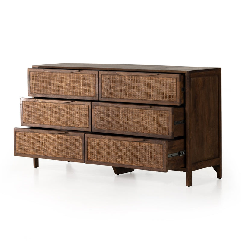 Sydney 6 Drawer Dresser Brown Wash Angled View Open Drawers 224923-003