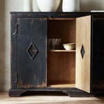 The Humptulips River Moonshine Cabinet Distressed Burnt Black Veneer Staged View Open Cabinet