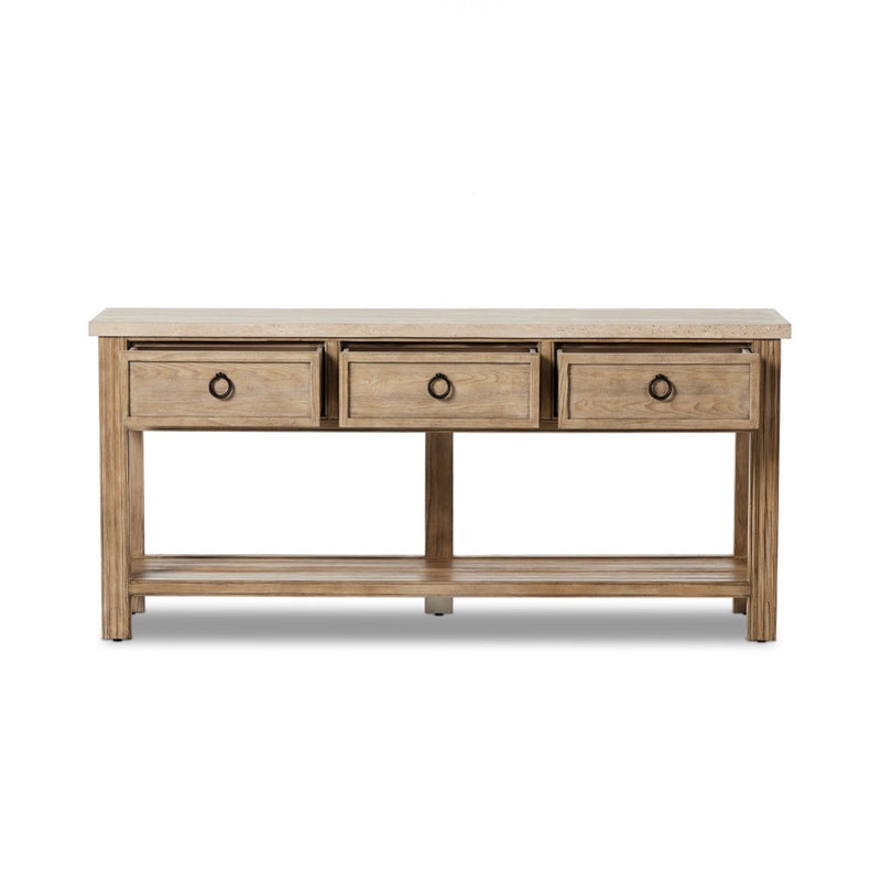 Four Hands The Lazy Monsieur Partouche Table Travertine Front Facing View Open Drawers