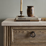 Four Hands The Lazy Monsieur Partouche Table Travertine Staged View Tabletop