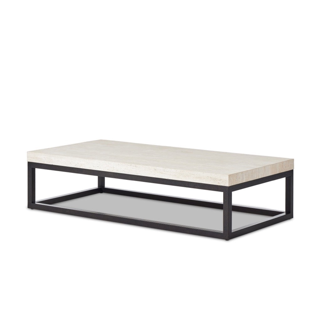 The Rectangular Coffee Table Travertine Angled View Four Hands