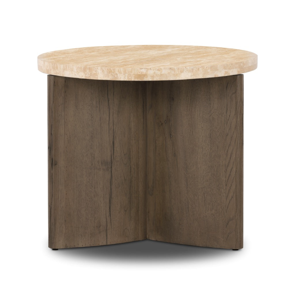 Toli End Table Rustic Grey Veneer Angled View Four Hands