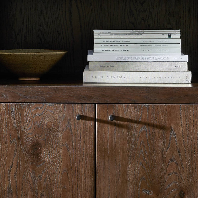 Torrington Bookcase Umber Oak Veneer Staged Detail Four Hands