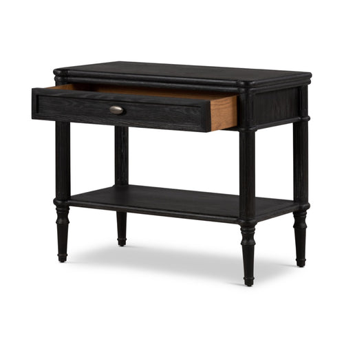 Toulouse Oak Nightstand Distressed Black Open Drawer Four Hands