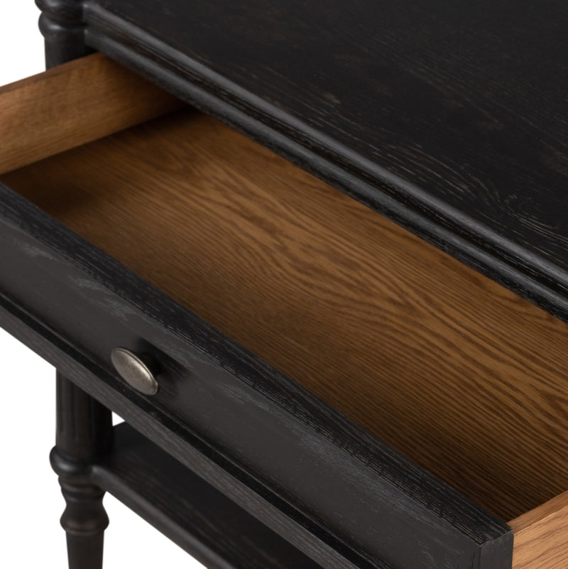 Toulouse Oak Nightstand Distressed Black Open Drawers Top View Four Hands