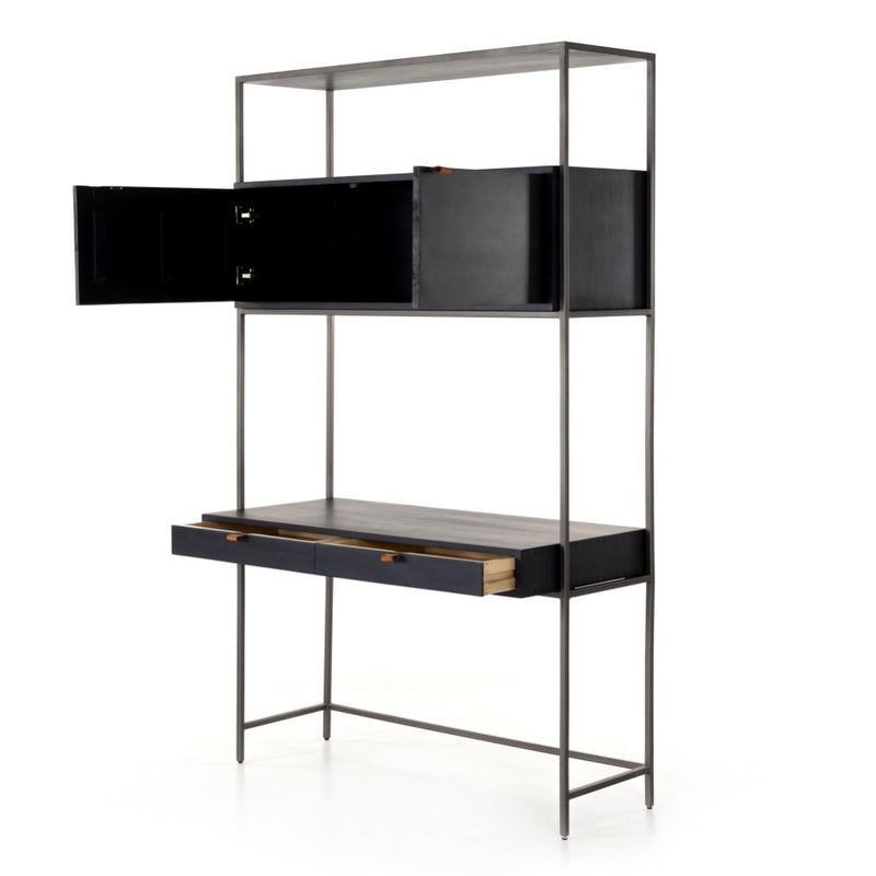 Four Hands Trey Modular Wall Desk Black Wash Poplar Angled View Open Cabinets