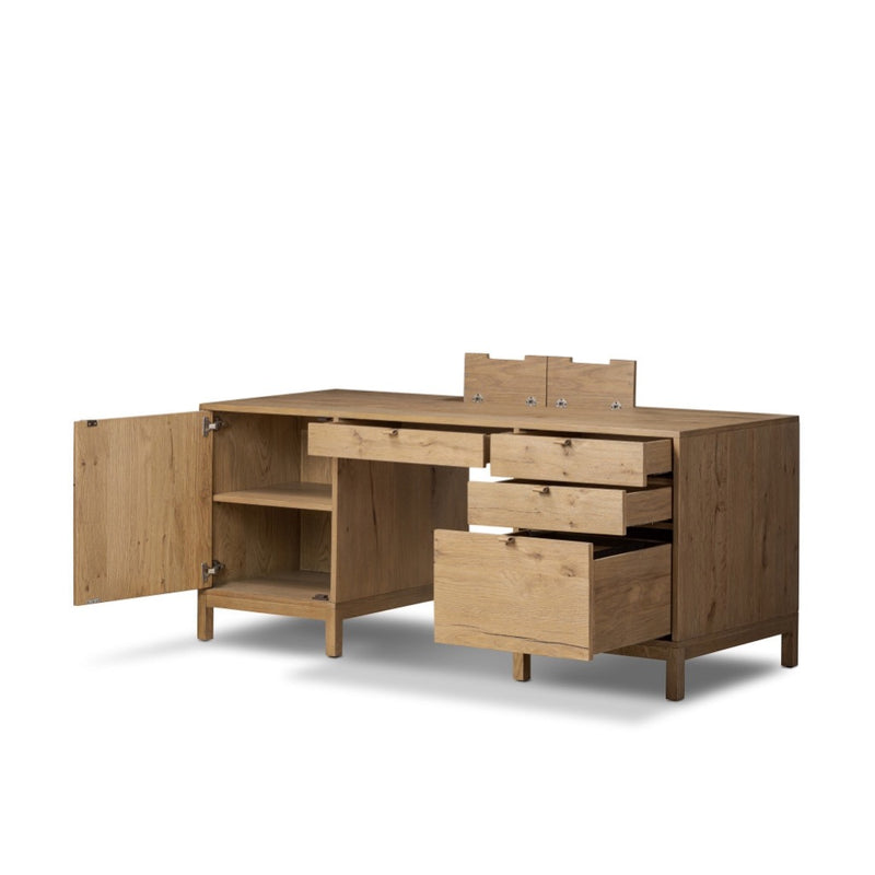 Four Hands Tula Executive Desk angled open drawer view 