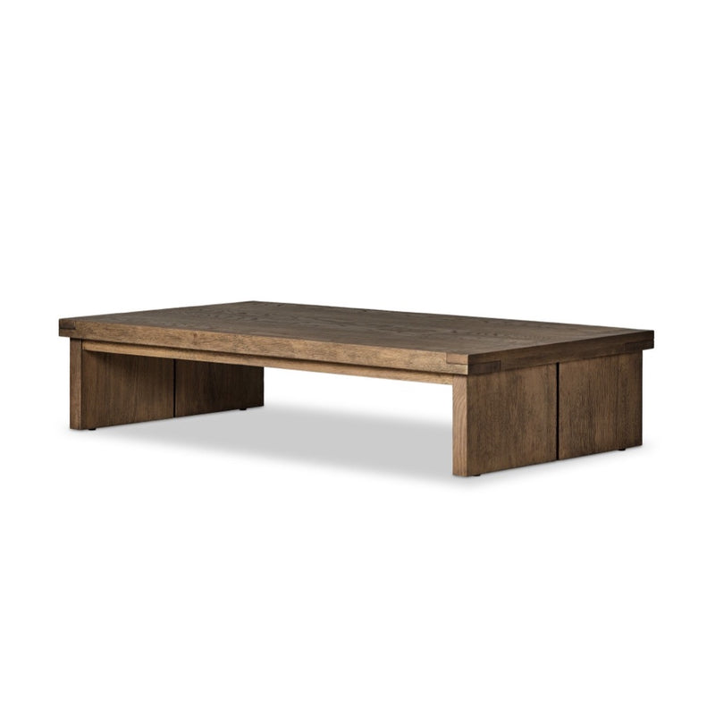 Warby Coffee Table Worn Oak Veneer Angled View Four Hands