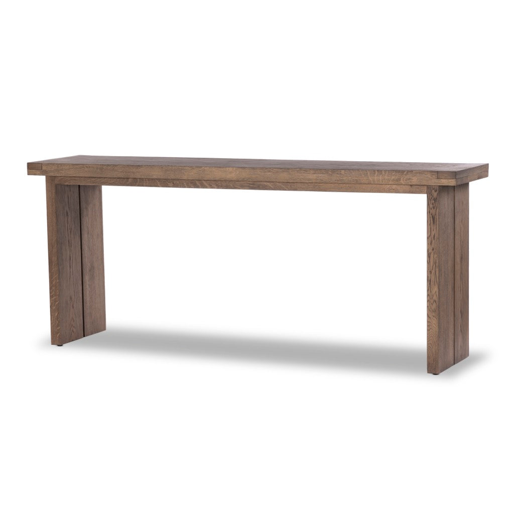 Warby Console Table Worn Oak Veneer Angled View Four Hands