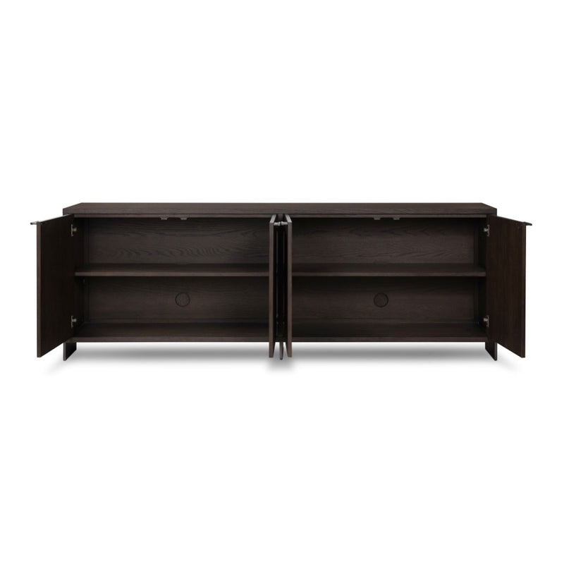 Westhoff Sideboard Rubbed Black Oak Front Facing View Open Cabinets 236117-001