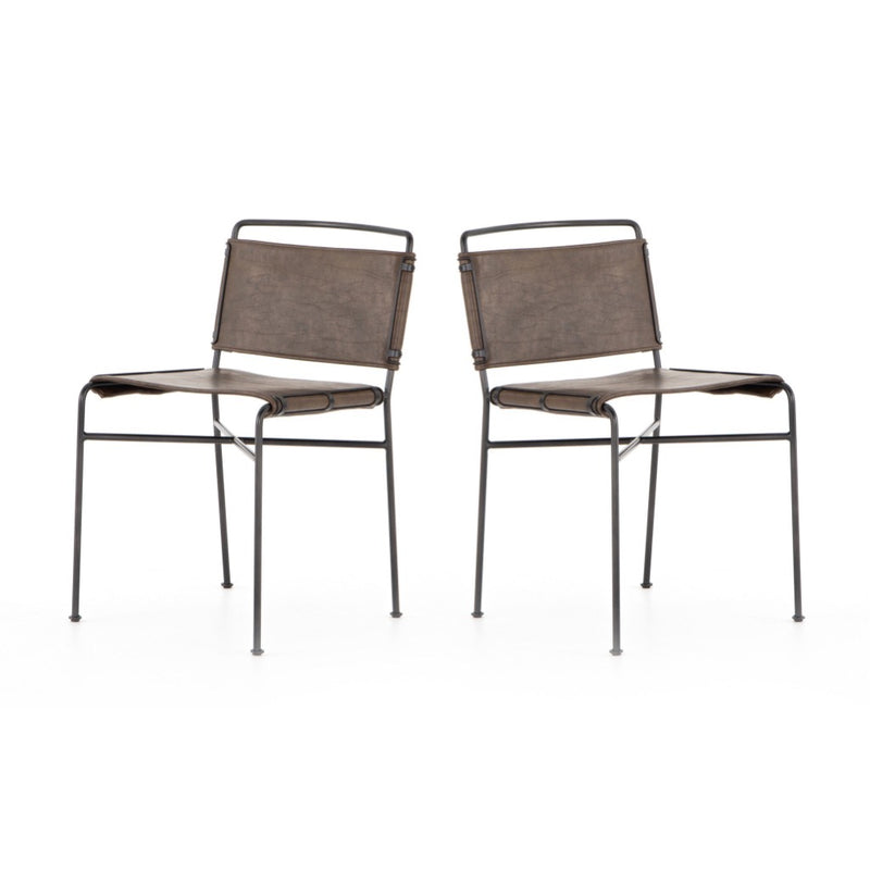 Four Hands Wharton Dining Chair Distressed Brown Angled View Pair of Chairs