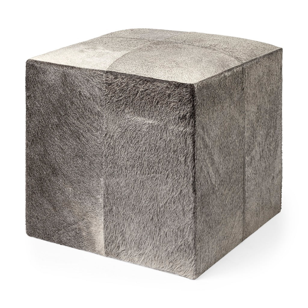 Zahavi Square Ottoman Grey Hair-on-Hide Angled View Mercana