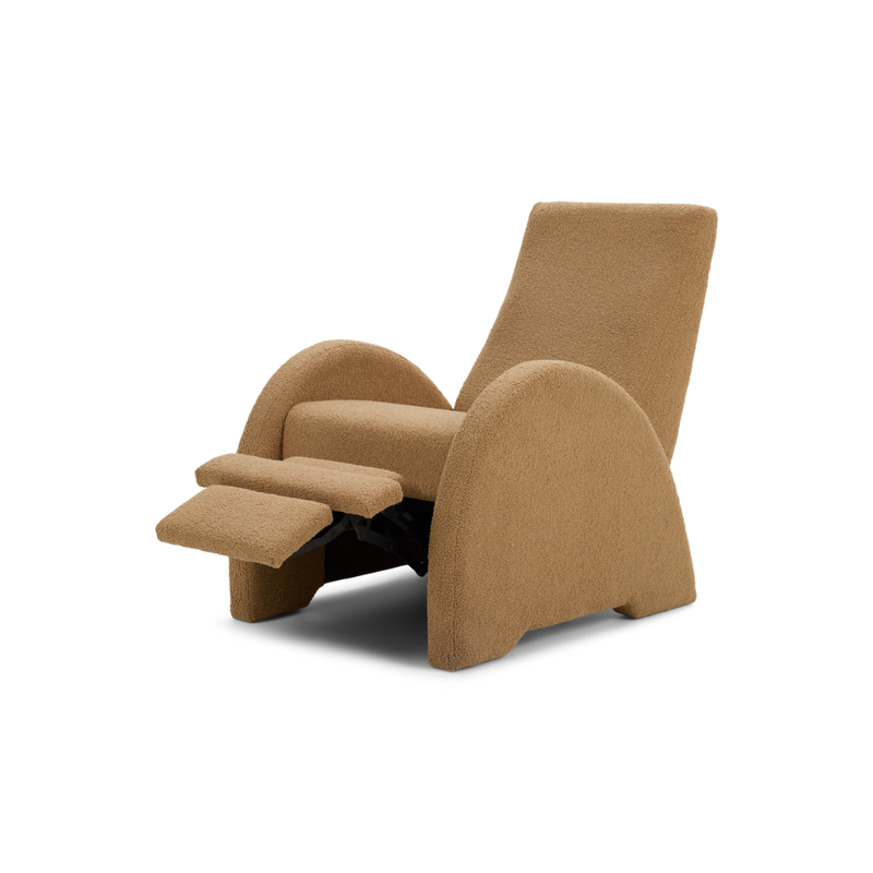American Leather Zephyr Re-Invented Recliner Dolly Camel Angled Reclined View
