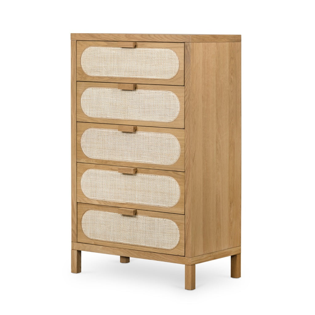 Allegra 5 Drawer Dresser angled front view with wood-backed cane paneling
